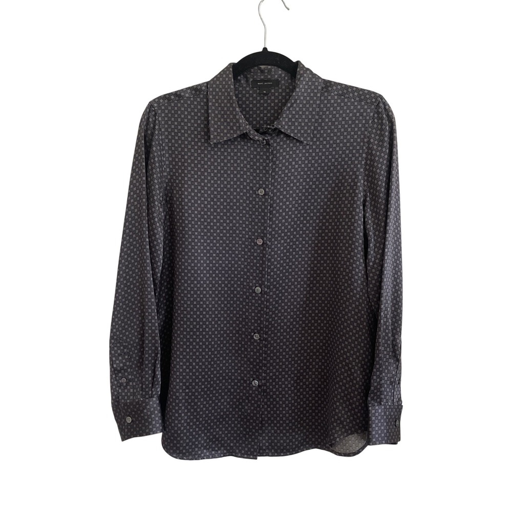 Marc Jacobs Womens Grey 100% Silk Long Sleeve Button Down Blouse Sz 10 Geometric